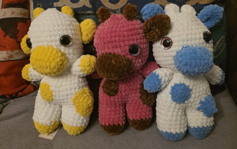 Handmade Crocheted Fruit Cows in Strawberry, Lemon, and Blueberry