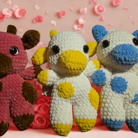 Handmade Crocheted Fruit Cows in Strawberry, Lemon, and Blueberry