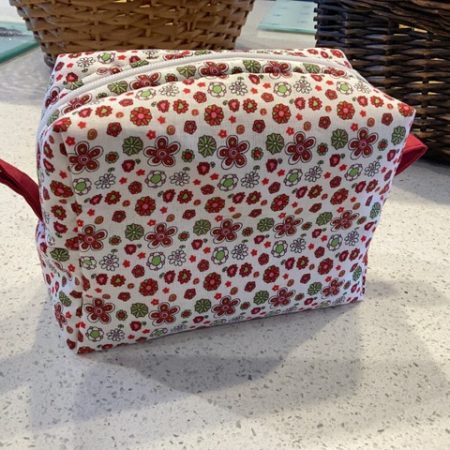Pretty Red/White/Green Floral Fabric, White Zipped, Toiletry/Cosmetic/Make Up Bag with Burgundy Lining & Zipper Tabs