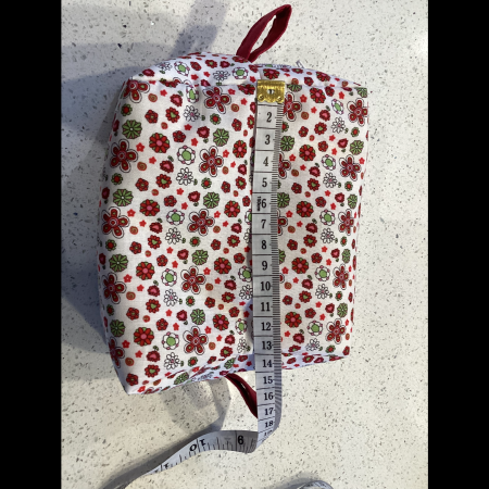 Pretty Red/White/Green Floral Fabric, White Zipped, Toiletry/Cosmetic/Make Up Bag with Burgundy Lining & Zipper Tabs