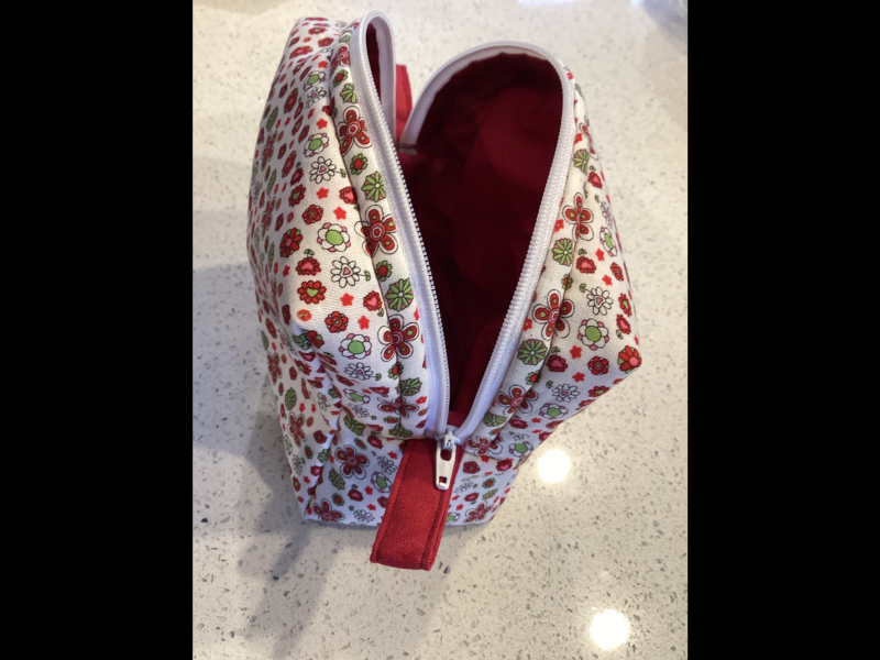 Pretty Red/White/Green Floral Fabric, White Zipped, Toiletry/Cosmetic/Make Up Bag with Burgundy Lining & Zipper Tabs