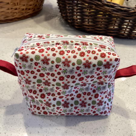 Pretty Red/White/Green Floral Fabric, White Zipped, Toiletry/Cosmetic/Make Up Bag with Burgundy Lining & Zipper Tabs
