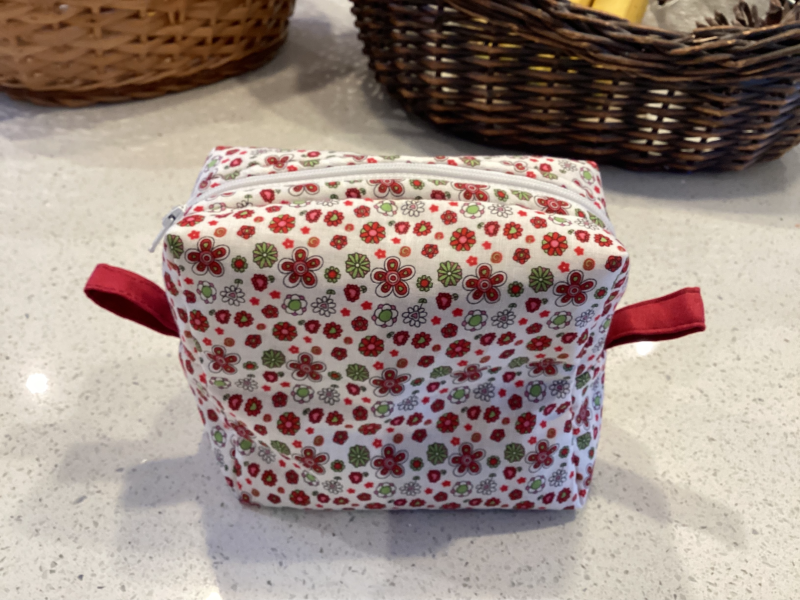 Pretty Red/White/Green Floral Fabric, White Zipped, Toiletry/Cosmetic/Make Up Bag with Burgundy Lining & Zipper Tabs