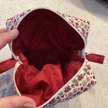 Pretty Red/White/Green Floral Fabric, White Zipped, Toiletry/Cosmetic/Make Up Bag with Burgundy Lining & Zipper Tabs