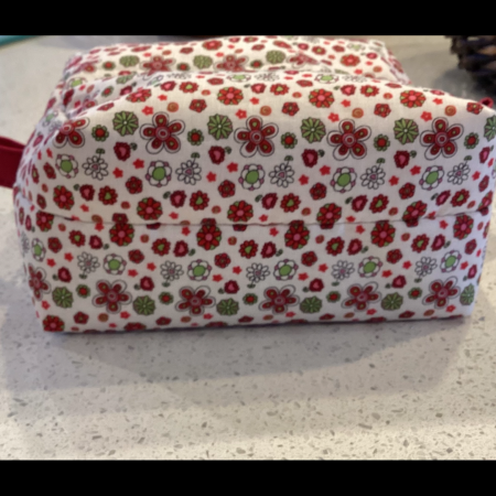 Pretty Red/White/Green Floral Fabric, White Zipped, Toiletry/Cosmetic/Make Up Bag with Burgundy Lining & Zipper Tabs