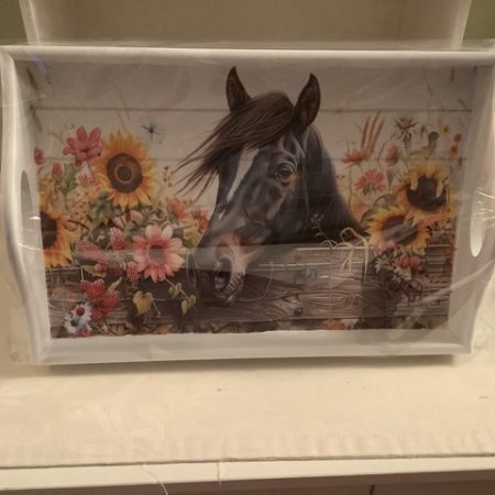 Decoupaged Sofa Tray with a beautiful horse Image and Spring-Loaded Legs
