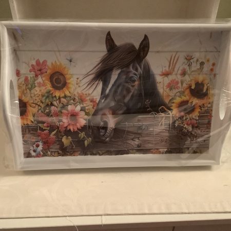 Decoupaged Sofa Tray with a beautiful horse Image and Spring-Loaded Legs