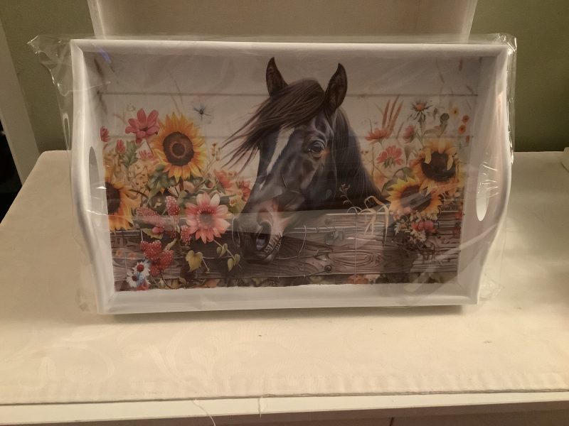 Decoupaged Sofa Tray with a beautiful horse Image and Spring-Loaded Legs
