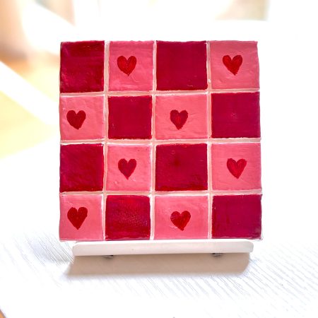 Hand-Painted Clay Coasters – Blue & Red Heart Design