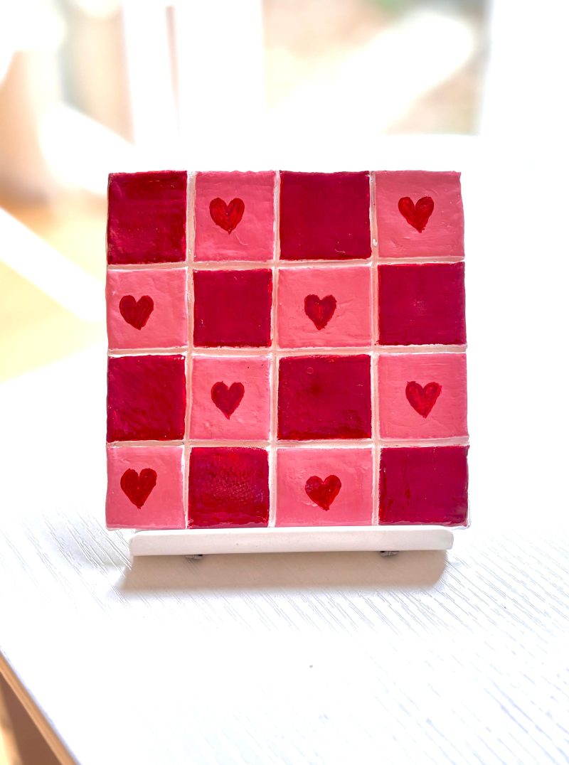 Hand-Painted Clay Coasters – Blue & Red Heart Design