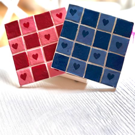 Hand-Painted Clay Coasters – Blue & Red Heart Design