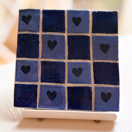 Hand-Painted Clay Coasters – Blue & Red Heart Design