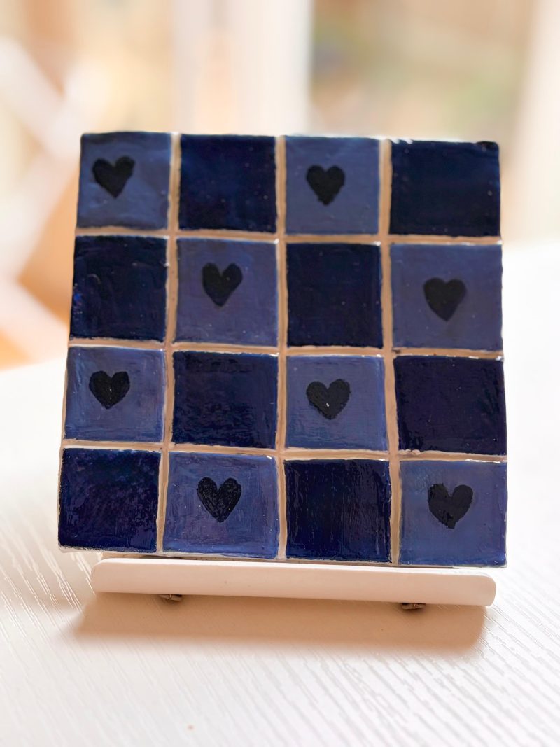 Hand-Painted Clay Coasters – Blue & Red Heart Design