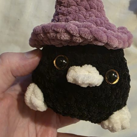 Mini Raven Plushie with Witches Hat, 3 Inches Tall, Handmade UK