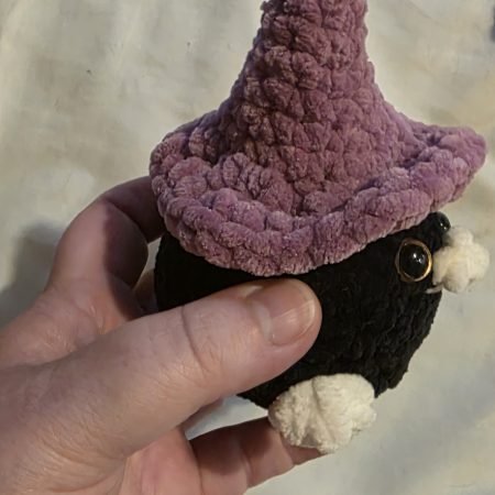Mini Raven Plushie with Witches Hat, 3 Inches Tall, Handmade UK