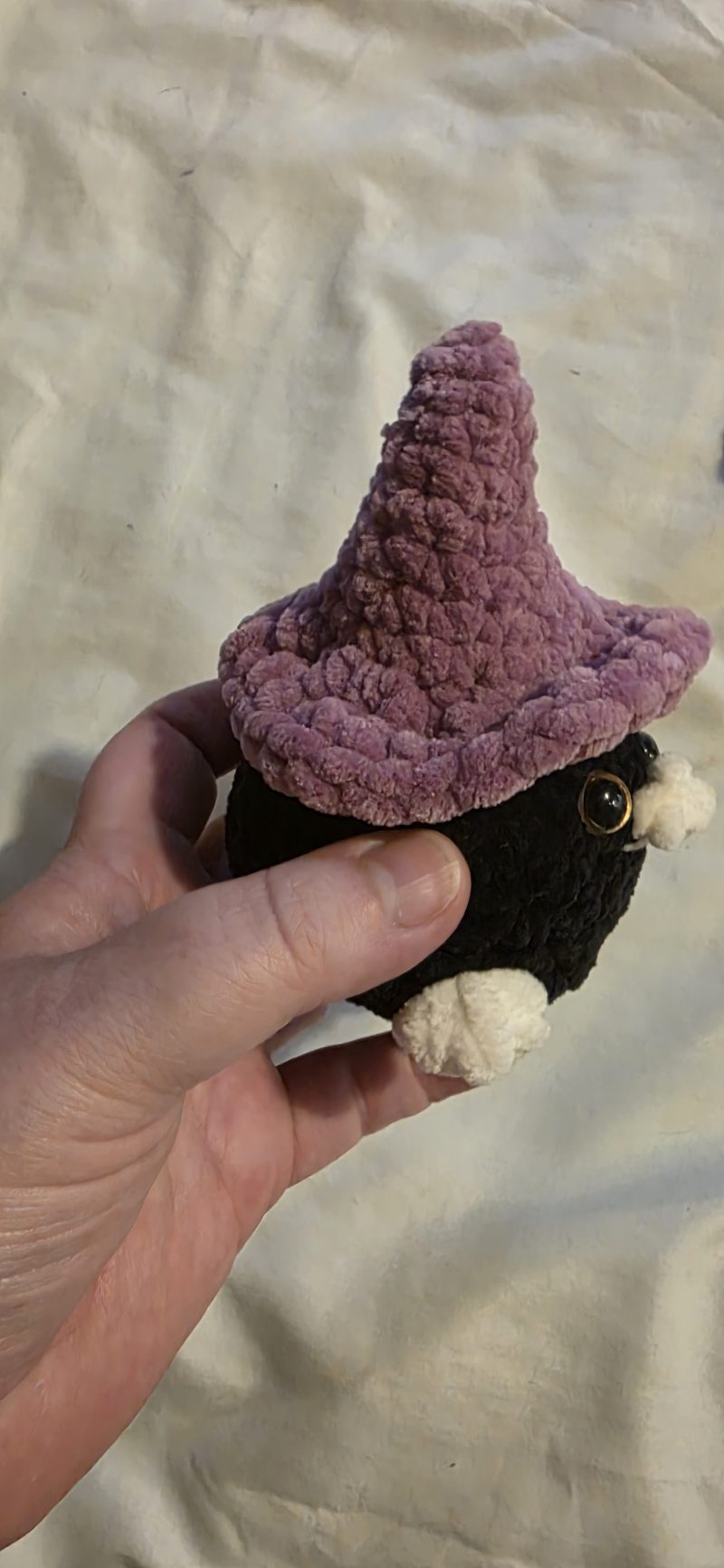 Mini Raven Plushie with Witches Hat, 3 Inches Tall, Handmade UK