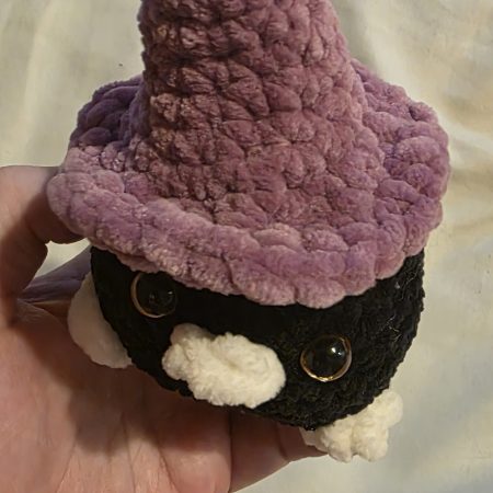 Mini Raven Plushie with Witches Hat, 3 Inches Tall, Handmade UK