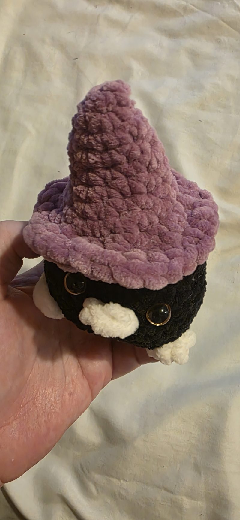 Mini Raven Plushie with Witches Hat, 3 Inches Tall, Handmade UK