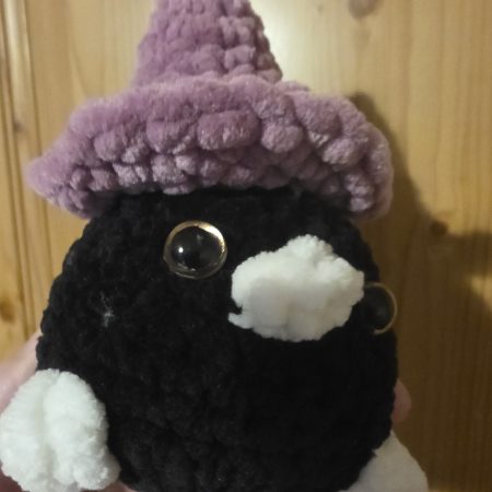 Mini Raven Plushie with Witches Hat, 3 Inches Tall, Handmade UK
