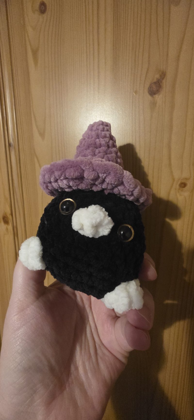 Mini Raven Plushie with Witches Hat, 3 Inches Tall, Handmade UK
