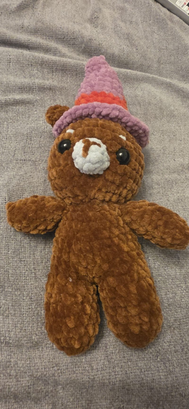 Hand-Crocheted Plush Bear with Witches Hat, Soft Autumn Decoration