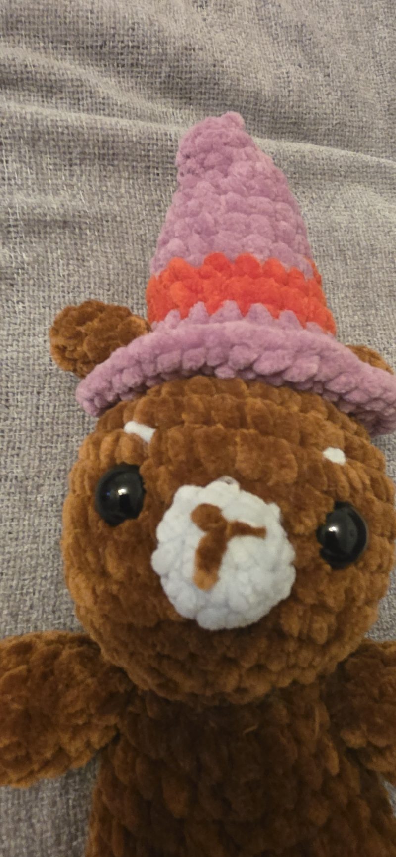 Hand-Crocheted Plush Bear with Witches Hat, Soft Autumn Decoration