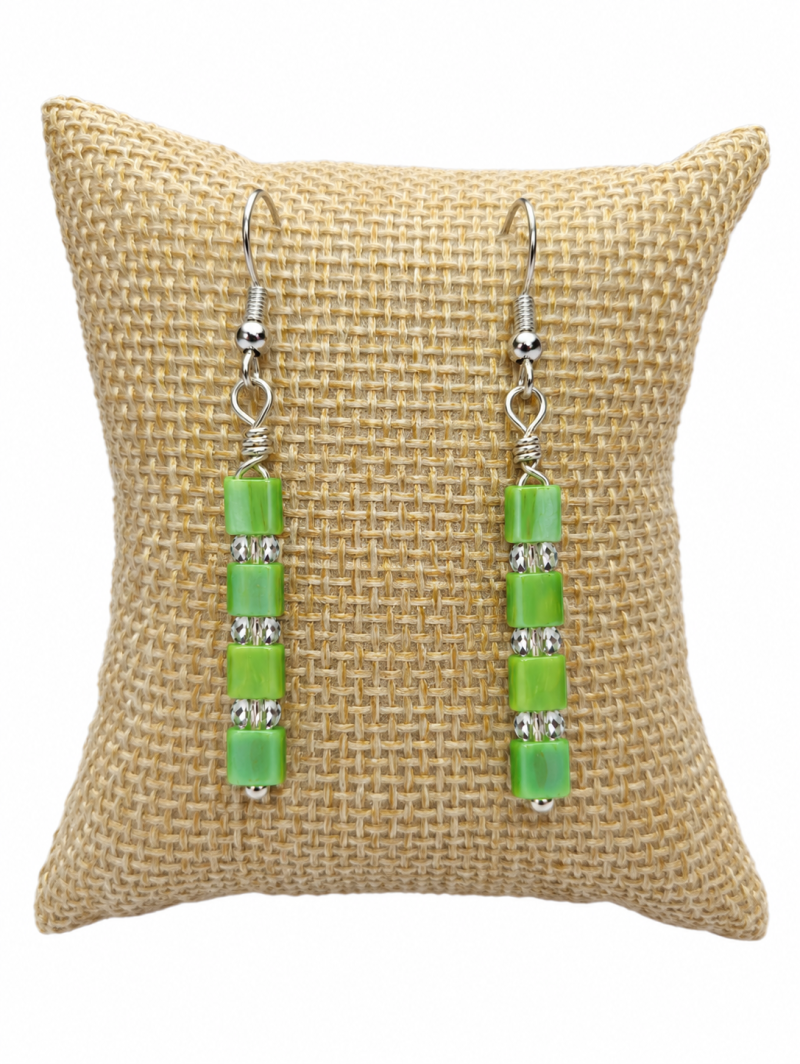 Handmade Miyuki Tila Bead Earrings with Stainless Steel Hoops.
