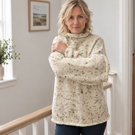 Hand-Knit Chunky Tweed Cream Sweater | Rolled Neck Wool Jumper
