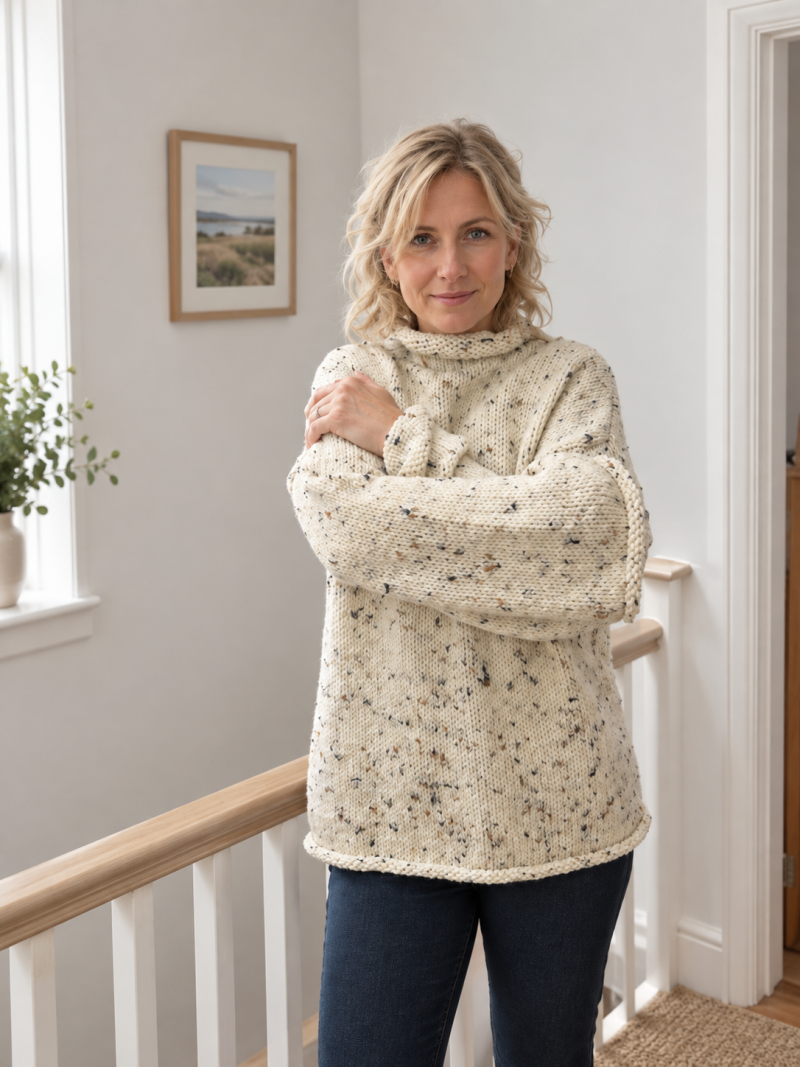 Hand-Knit Chunky Tweed Cream Sweater | Rolled Neck Wool Jumper