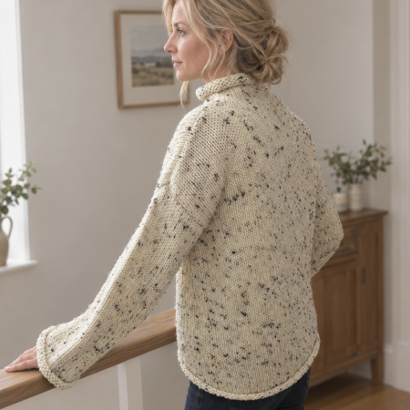 Hand-Knit Chunky Tweed Cream Sweater | Rolled Neck Wool Jumper