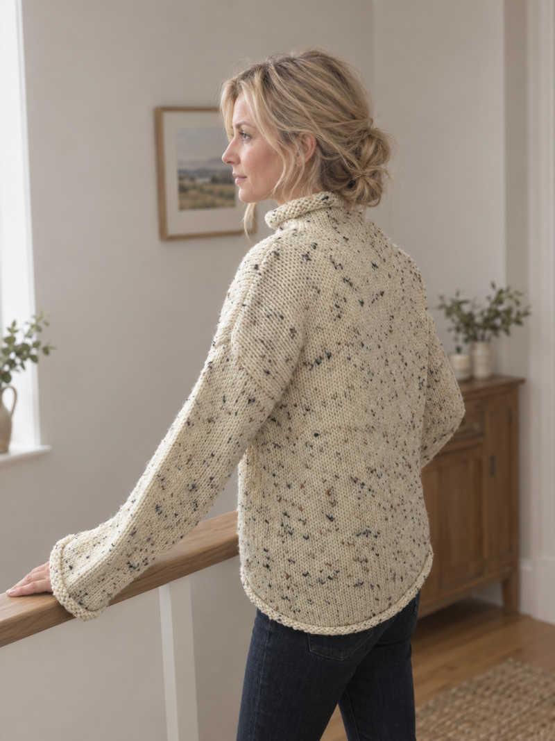 Hand-Knit Chunky Tweed Cream Sweater | Rolled Neck Wool Jumper