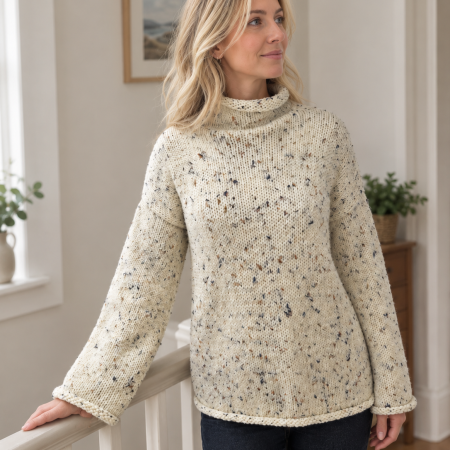Hand-Knit Chunky Tweed Cream Sweater | Rolled Neck Wool Jumper