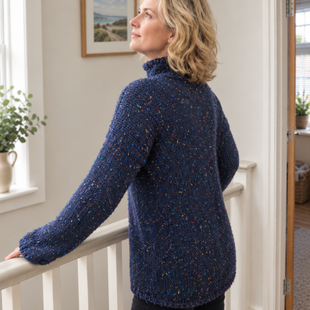 Hand-Knit Navy Blue Tweed Jumper | Loose Cowl Neck Wool Sweater