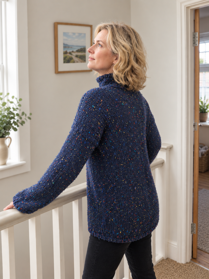 Hand-Knit Navy Blue Tweed Jumper | Loose Cowl Neck Wool Sweater