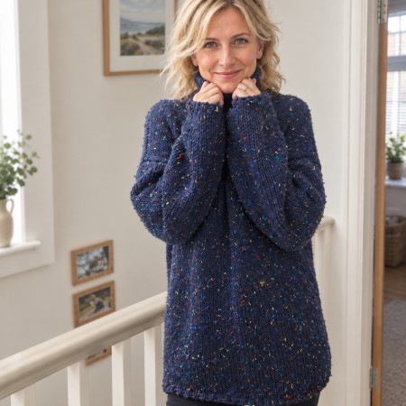 Hand-Knit Navy Blue Tweed Jumper | Loose Cowl Neck Wool Sweater