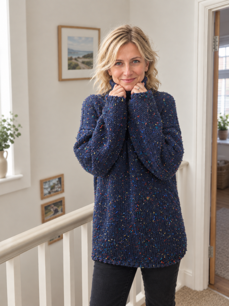 Hand-Knit Navy Blue Tweed Jumper | Loose Cowl Neck Wool Sweater