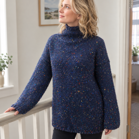 Hand-Knit Navy Blue Tweed Jumper | Loose Cowl Neck Wool Sweater