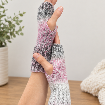Hand-Knit Fingerless Gloves | Pink and Grey Wrist Warmers