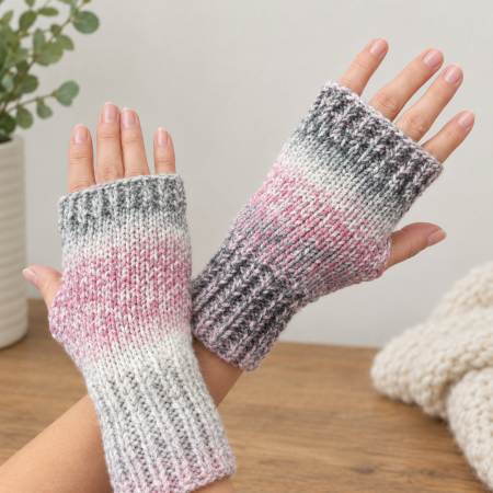 Hand-Knit Fingerless Gloves | Pink and Grey Wrist Warmers