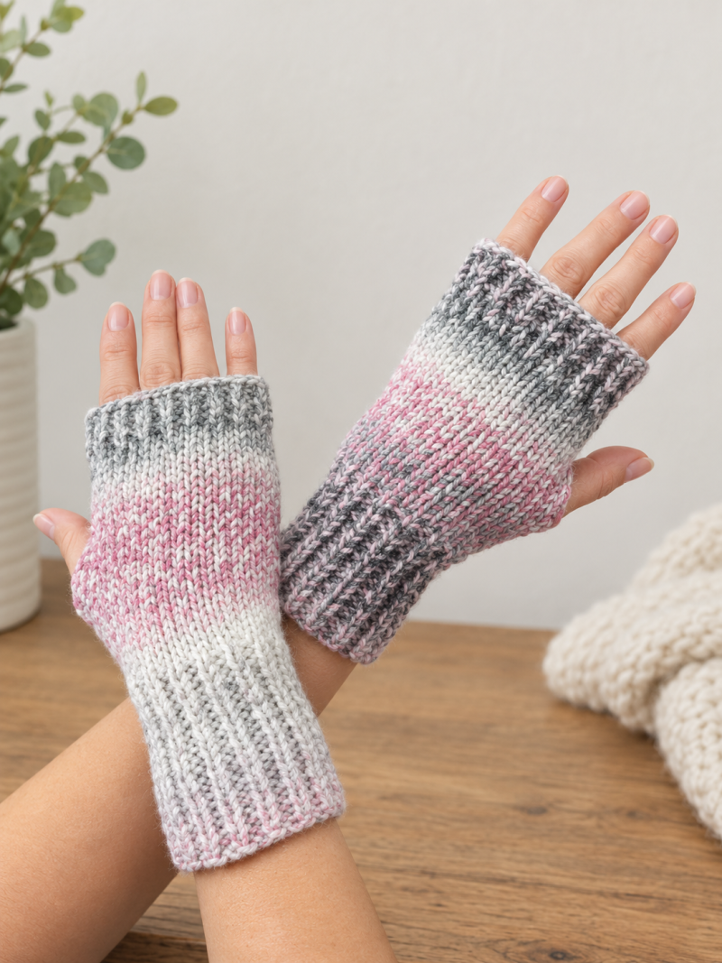 Hand-Knit Fingerless Gloves | Pink and Grey Wrist Warmers
