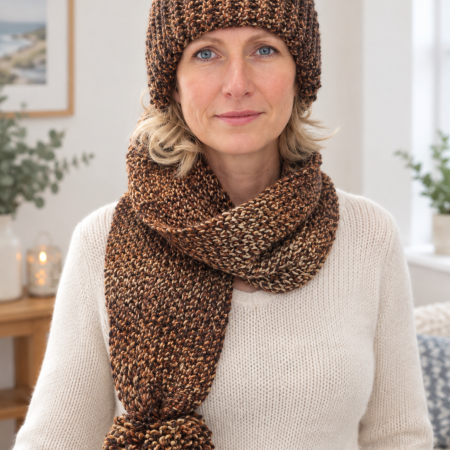 Handmade Loom-Knit 2-in-1 Hat Scarf Combo | Shimmer Brown Marble Hooded Scarf