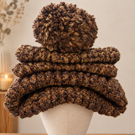 Handmade Loom-Knit 2-in-1 Hat Scarf Combo | Shimmer Brown Marble Hooded Scarf