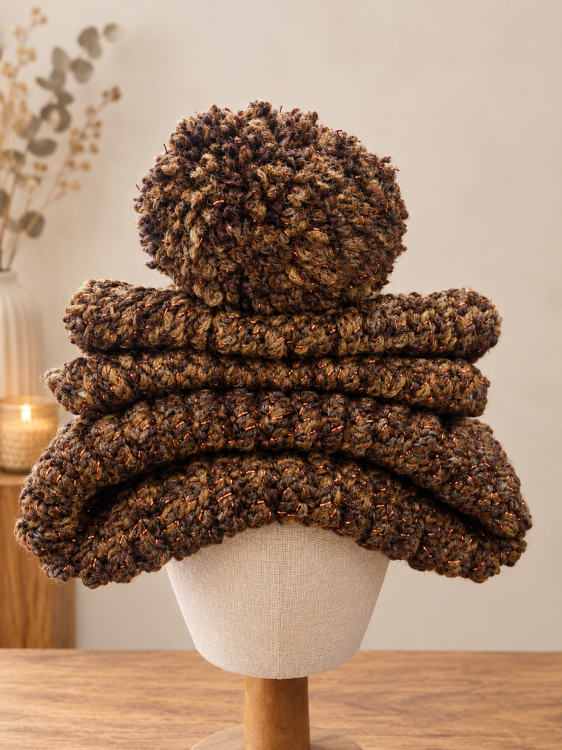 Handmade Loom-Knit 2-in-1 Hat Scarf Combo | Shimmer Brown Marble Hooded Scarf