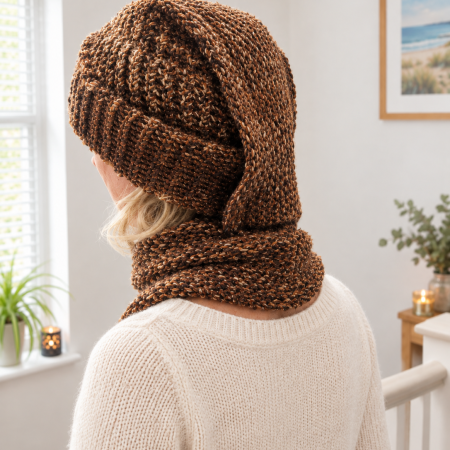 Handmade Loom-Knit 2-in-1 Hat Scarf Combo | Shimmer Brown Marble Hooded Scarf