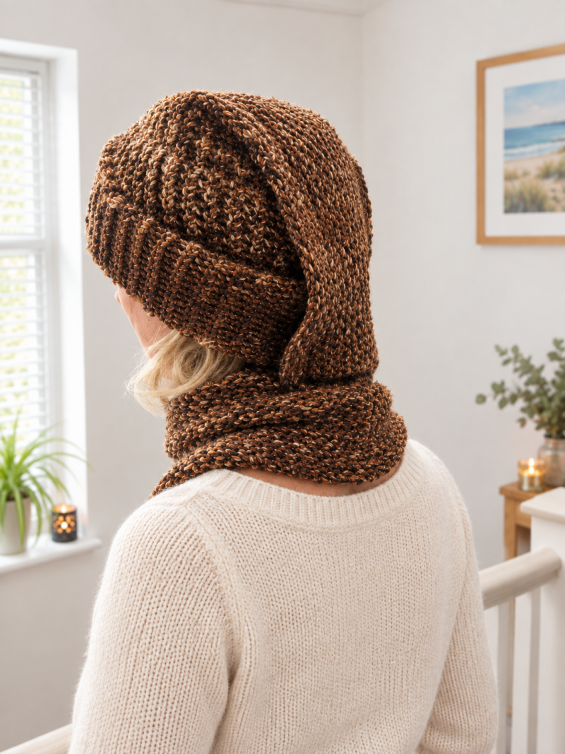 Handmade Loom-Knit 2-in-1 Hat Scarf Combo | Shimmer Brown Marble Hooded Scarf