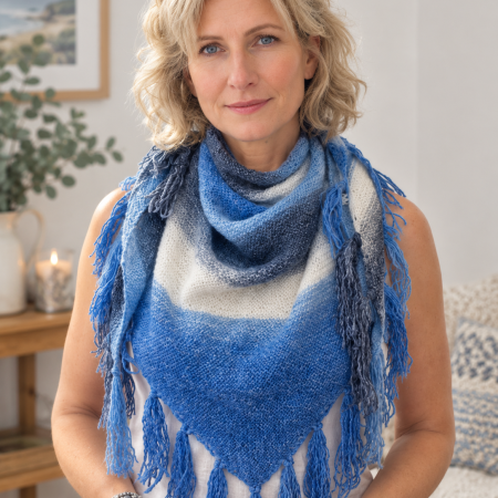 Hand-Knit Blue Gradient Triangle Shawl | Knit Scarf with Tassel Fringe2.