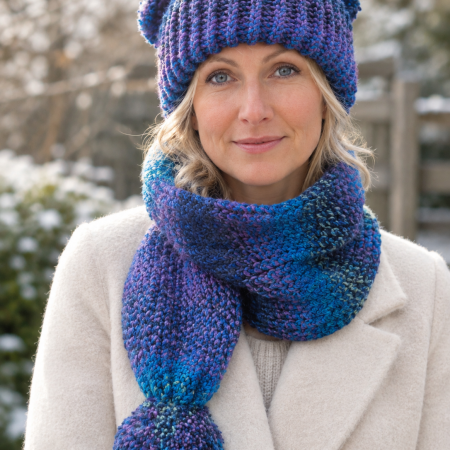 Handmade Loom-Knit 2-in-1 Hat Scarf Combo | Purple Marble Cat Ear Scoodie