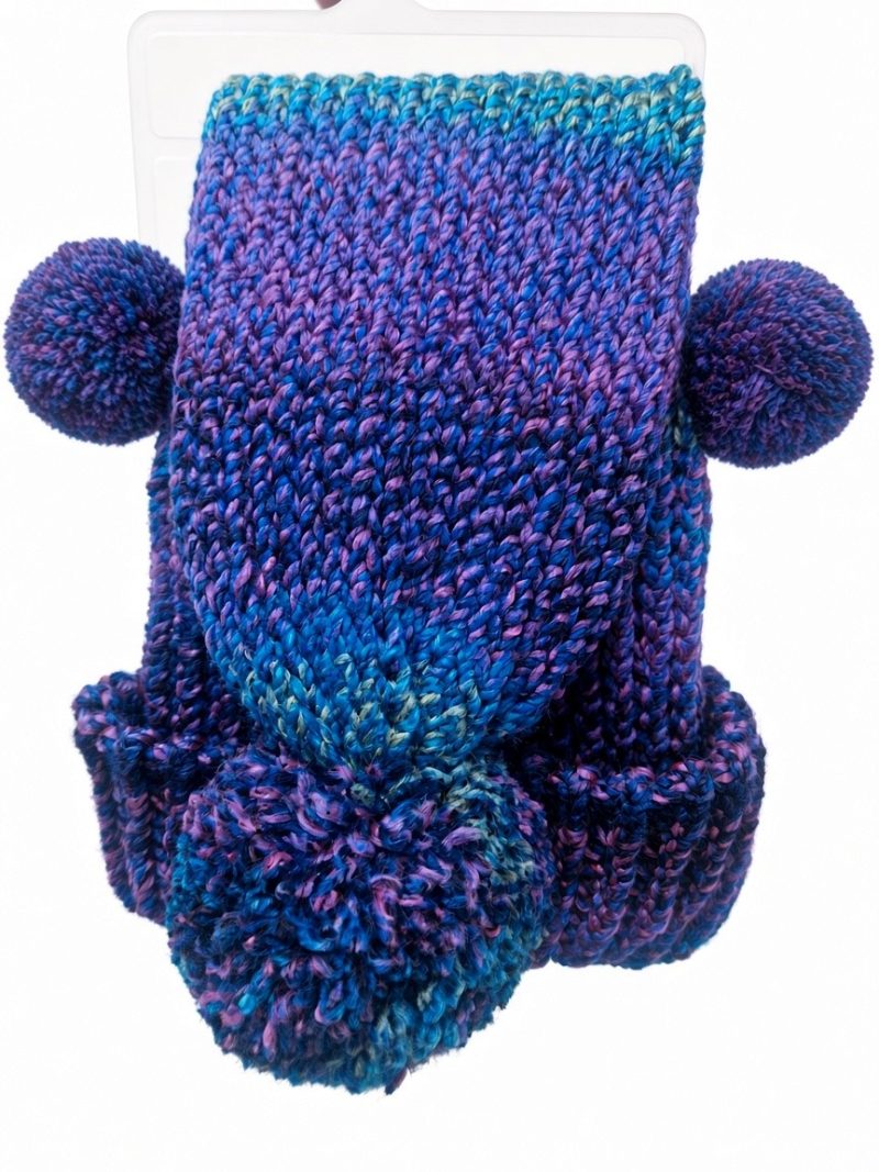 Handmade Loom-Knit 2-in-1 Hat Scarf Combo | Purple Marble Cat Ear Scoodie