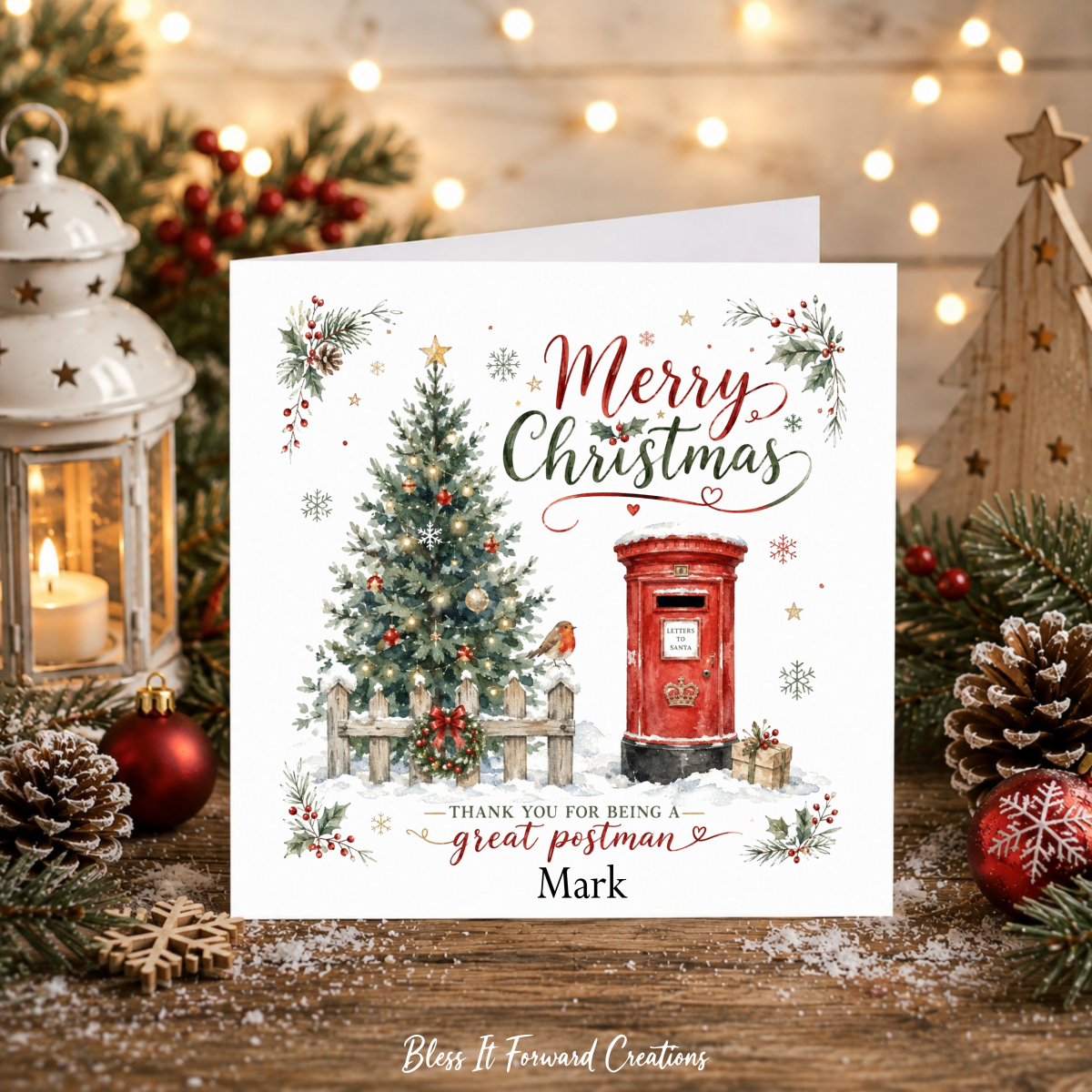 Personalised Christmas Card for Postal Worker | Watercolour Postbox, Robin Design