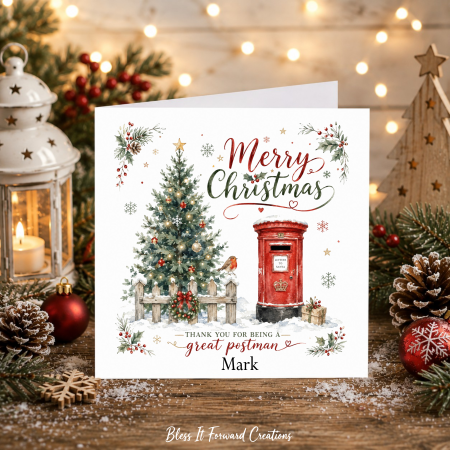 Personalised Christmas Card for Postal Worker | Watercolour Postbox, Robin Design